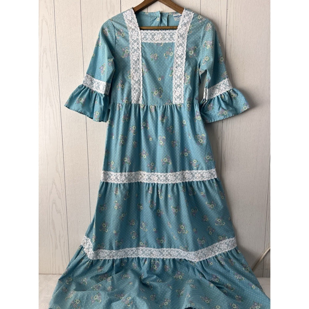 Vintage Peasant Prairie Dress 70s Sears Boho Maxi Blue Lace Pilgrim Swiss Dot